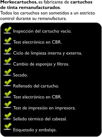 Merkecartuchos, es fabricante de cartuchos  de tinta remanufacturados. Todos los cartuchos son sometidos a un estricto  control durante su remanufactura.  Inspeccin del cartucho vaco.  Test electrnico en CBR.  Ciclo de limpieza interna y externa.  Cambio de esponjas y filtros.  Secado.  Rellenado del cartucho.  Test electrnico en CBR.  Test de impresin en impresora.  Sellado trmico del cabezal.  Etiquetado y embalaje.