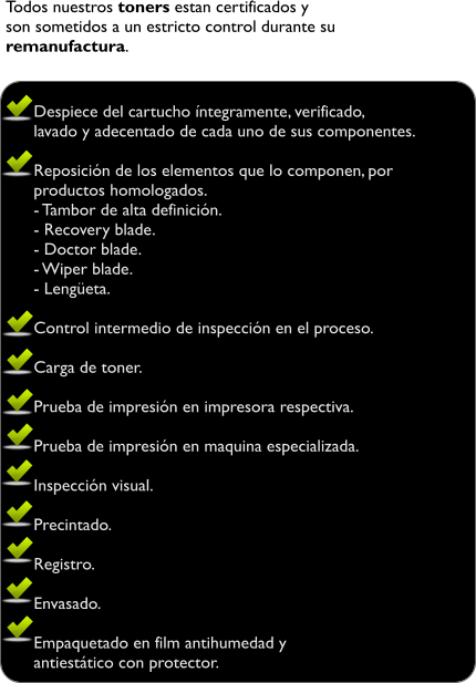 Todos nuestros toners estan certificados y  son sometidos a un estricto control durante su  remanufactura.  Despiece del cartucho ntegramente, verificado,  lavado y adecentado de cada uno de sus componentes.  Reposicin de los elementos que lo componen, por  productos homologados. - Tambor de alta definicin. - Recovery blade. - Doctor blade. - Wiper blade. - Lengeta.  Control intermedio de inspeccin en el proceso.  Carga de toner.  Prueba de impresin en impresora respectiva.  Prueba de impresin en maquina especializada.  Inspeccin visual.  Precintado.  Registro.  Envasado.   Empaquetado en film antihumedad y  antiesttico con protector.